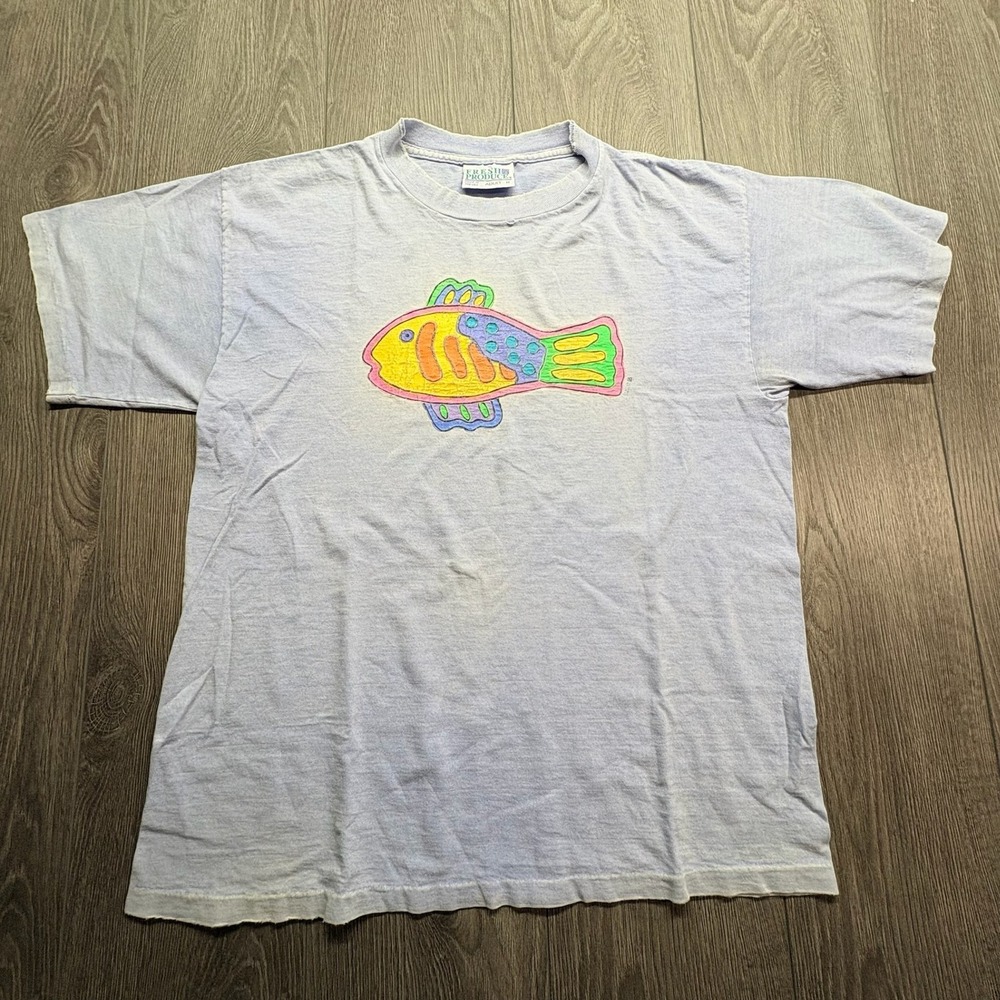 Vintage Fresh Produce Fish Medium Graphic Shirt Blue Made in USA Single Stitch